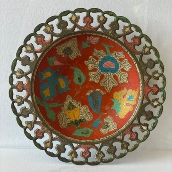 Other - Antique Indian Hand-Painted Metal Gupta Bowl Plate 8.3" Collectible Very Good
